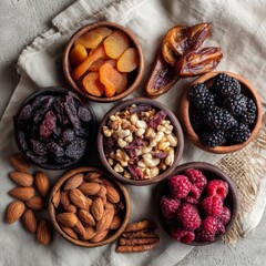 Obraz premium Healthy Snack Selection with Dried Fruits and Nuts in Bowls