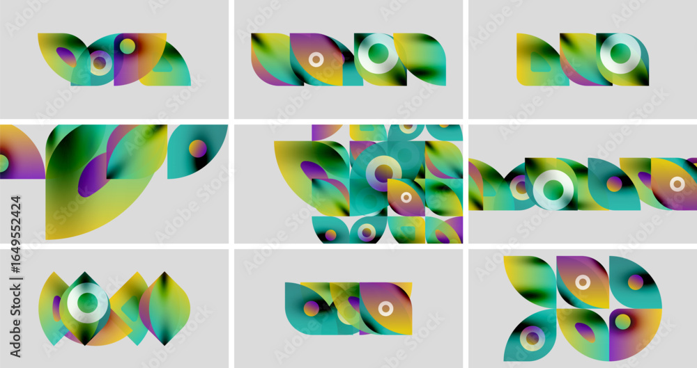 Poster abstract colorful shapes, gradients, overlapping forms. nine variations displayed on gray background