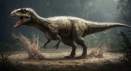 A Allosaurus dinosaur walking through a muddy area with its mouth open in a dark and rainy environment outdoors