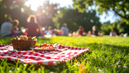 Labor Day Picnic Gathering on a Sunny Day with Checkered Blanket in a Lush Park