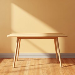 Minimalist wooden table with shadows and warm wall background