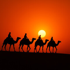  AI-generated image of Silhouettes of camels and riders on a caravan in the desert