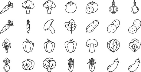 Line art illustration of various vegetables including carrots broccoli and bell peppers arranged in rows