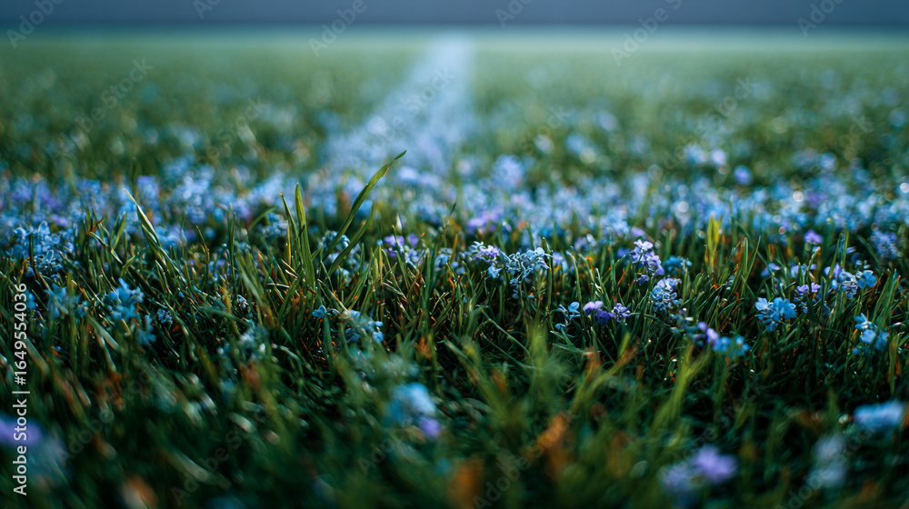 Poster close up view of grass and small blue flowers with a white line in the background on a field