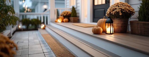 Cozy autumn porch decorated with pumpkins and flowers in warm, inviting colors during a sunny fall day