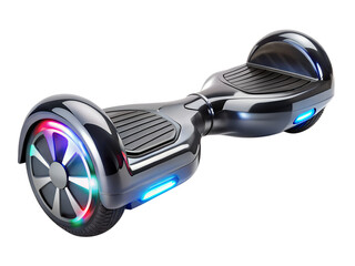 A sleek black electric hoverboard, a selfbalancing scooter with led lights, representing modern personal transportation, isolated on transparent background