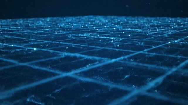 A dark blue grid with faint lines and scattered light dots creating an abstract digital landscape