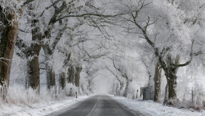 Obraz premium A winter wonderland road, frosted trees arching over a paved lane
