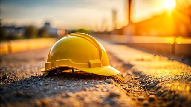 Yellow hard hat on a construction site during golden hour