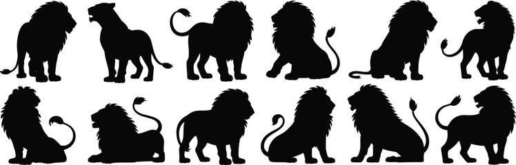 Lion silhouette vector set, black lion poses collection, roaring lion clipart, wild animal shapes, standing sitting lying lion illustration, isolated