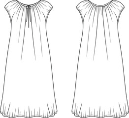 Loose fit gathered neckline dress flat sketch, front and back view, short sleeve ruffle hem, fashion CAD template vector