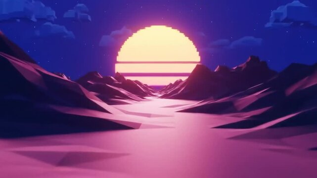 A breathtaking digital illustration showcases a vibrant sunset illuminating a tranquil landscape, with mountains and a body of water reflecting the warm, radiant hues in the sky.