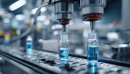 Automated bottling line filling clear glass bottles with blue liquid.  Close-up view of robotic arms dispensing liquid into small bottles on a conveyor belt.  Industrial setting