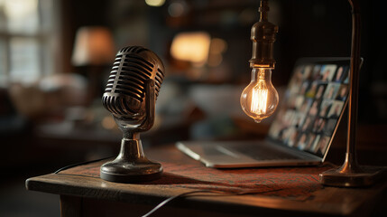 Storytelling sanctuary: a classic microphone stands ready beside a laptop displaying a grid of online participants, illuminated by a warm-toned vintage bulb on a characterful wooden table, suggesting 