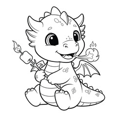 Happy baby dragon illustration with wings and campfire treat for kids coloring page and nursery decor