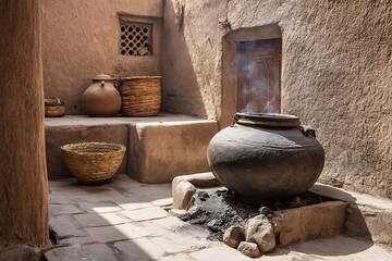 Fototapeta premium Large black clay jar beside stove high resolution picture