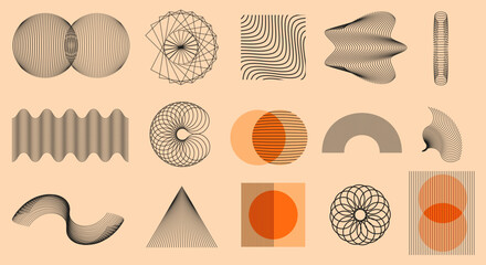 Set of abstract geometric line shapes, modern minimal 3D optical art patterns, black and orange monochromatic vector illustration with sphere elements on isolated background.