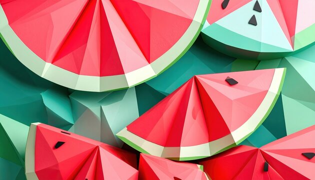 Geometric Watermelon Slices with Teal Background, Low Poly Style, Summer Fruit Concept - Powered by Adobe