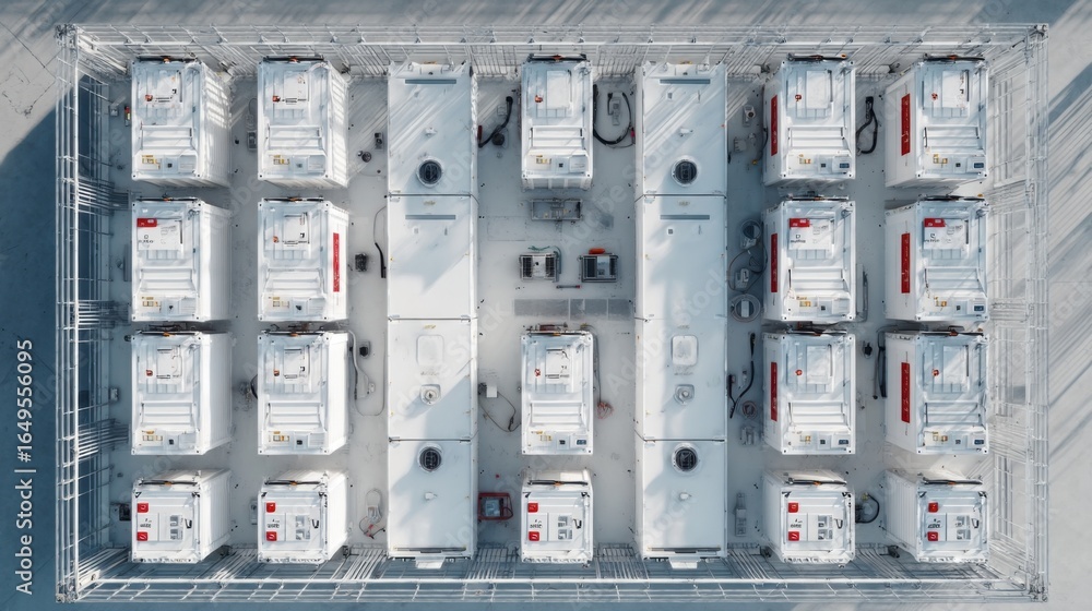 Poster an overhead view of a microwarehouse shows a grid of modular containers each equipped with sensors a