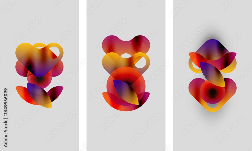 Poster abstract art. three panels display colorful, blurred shapes. gradient hues blend, creating dynamic v