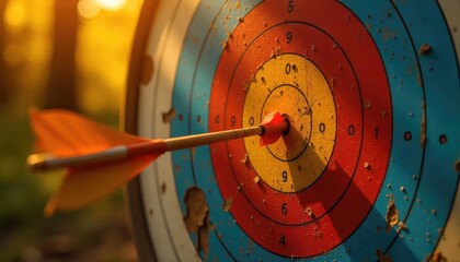 A close up shot of an arrow hitting the bullseye on a colorful archery target outdoors in sunlight