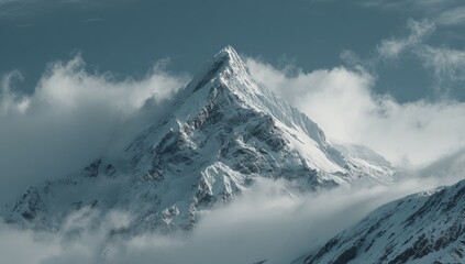 Obraz premium Snowy mountain peak piercing through clouds