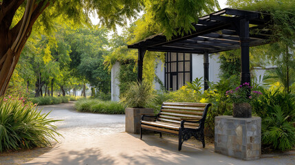 Obraz premium A serene garden rest area with shaded seating and soft sunlight