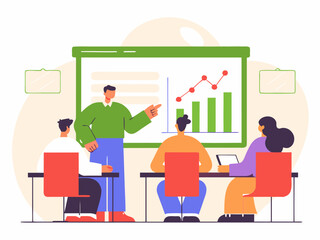Corporate manager pointing at graph during team training session with presentation screen