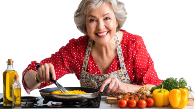 Culinary Craft: A cheerful elderly woman, immersed in the art of cooking, focuses intently on her skillet, as she prepares a delicious meal, showcasing culinary expertise.
