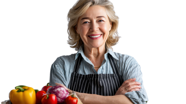 Joyful Chef with Harvest: A friendly chef proudly presents a vibrant assortment of freshly harvested produce, embodying culinary joy and the essence of wholesome, home-cooked meals. 