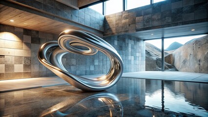Abstract Chrome & Granite Sculpture: Minimalist Studio Aerial Photography
