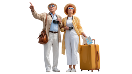 Wanderlust & Wonder: An elderly couple, embracing their golden years with a zest for adventure, pauses in their travels, mapping out their next exciting destination with anticipation.