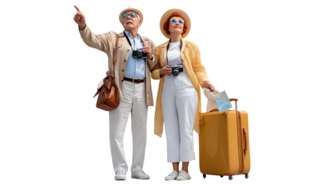 Wanderlust & Wonder: An elderly couple, embracing their golden years with a zest for adventure, pauses in their travels, mapping out their next exciting destination with anticipation.