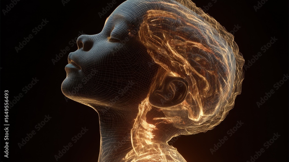 Poster glowing neural networks illuminating wireframe child's head, visualizing brain activity and medical 