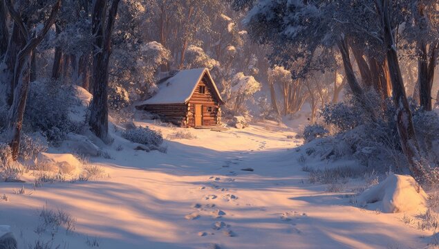 A cozy log cabin nestled in a snowy forest, bathed in golden sunlight.  Footprints trace a path through the pristine snow