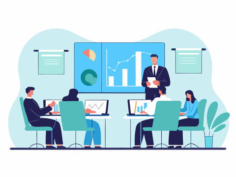 Corporate meeting in boardroom with business people analyzing financial trends and statistics