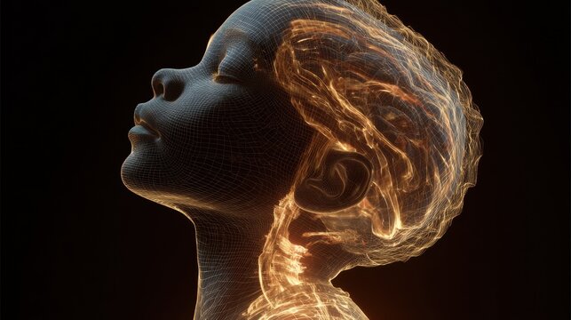 Glowing neural networks illuminating wireframe child's head, visualizing brain activity and medical science concepts related to sunstroke and dehydration impacts on cognitive health