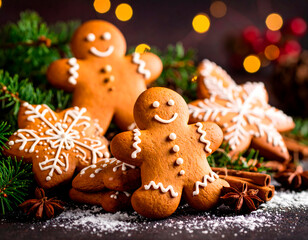 Lebkuchenmann und Lebkuchenpl&auml;tzchen auf Bokeh-Hintergrund