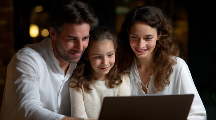 Family enjoying movie night together on a laptop at home