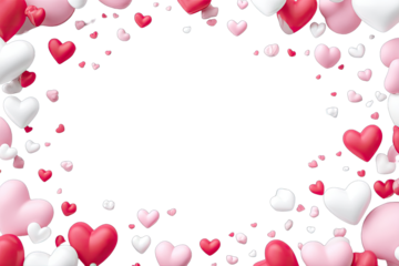 A frame of numerous hearts of various shades of pink and white, against a black background