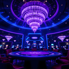 Elegant Casino Interior with Grand Chandelier and Gaming Tables