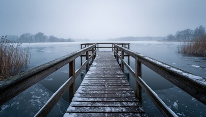 Naklejka premium A tranquil wooden pier stretches across a frozen lake, covered in a light dusting of snow. Misty, overcast sky, and distant trees create a serene winter scene