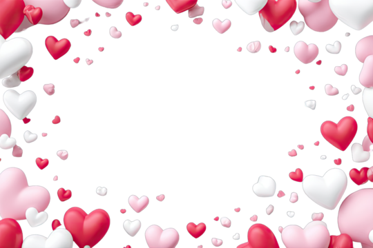 A frame of numerous hearts of various shades of pink and white, against a black background