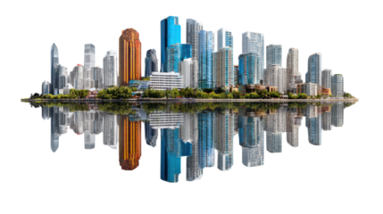 Cityscape Reflection: A stunning skyline showcases architectural marvels, mirrored in a pristine body of water, reflecting the bustling energy and ambition of urban life. 