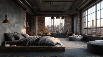 Industrial loft bedroom with panoramic city view.