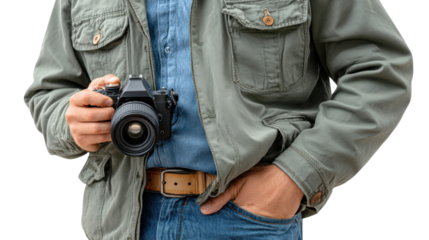**Photography Enthusiast with Camera** A photographer stands poised, camera in hand, ready to capture life's moments with their digital equipment, dressed in casual, classic attire.