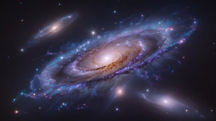 Fototapeta premium A beautiful, swirling spiral galaxy surrounded by smaller galaxies in deep space.