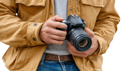 Photography Enthusiast: A man, engrossed in the art of photography, holds his camera with focused intention. A moment of creative pursuit.