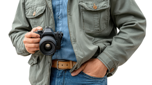 **Photography Enthusiast with Camera** A photographer stands poised, camera in hand, ready to capture life's moments with their digital equipment, dressed in casual, classic attire.