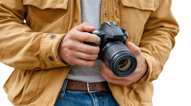 Photography Enthusiast: A man, engrossed in the art of photography, holds his camera with focused intention. A moment of creative pursuit.